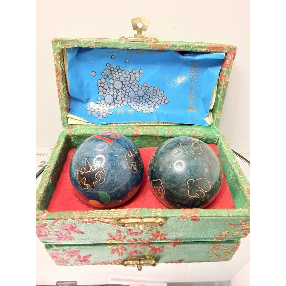 Vintage Chinese Baoding Meditation Health Balls Cloisonné Crane & Character Box - Picture 2 of 5